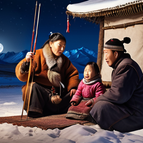 Home 15 A Mongolian family in a traditional Ger, gathered around a Morin Khuur player during a winter night.