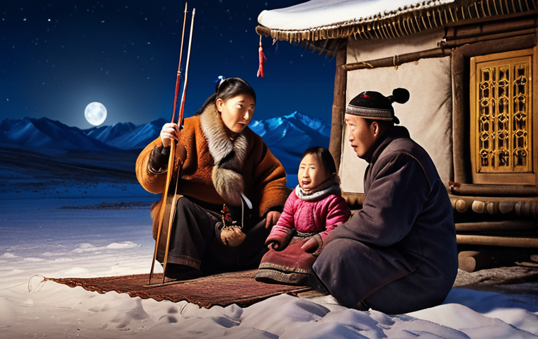 A Mongolian family in a traditional Ger, gathered around a Morin Khuur player during a winter night.