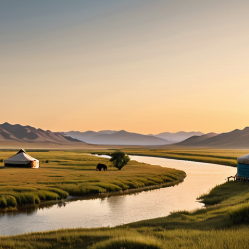 Home 14 **
A serene view of a Mongolian river cruise at sunset. Golden light reflects on the water, with vast grasslands on either side. A traditional ger (yurt) can be seen in the distance.
**