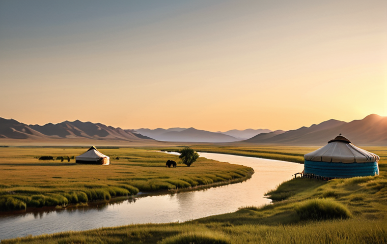 **
A serene view of a Mongolian river cruise at sunset. Golden light reflects on the water, with vast grasslands on either side. A traditional ger (yurt) can be seen in the distance.
**