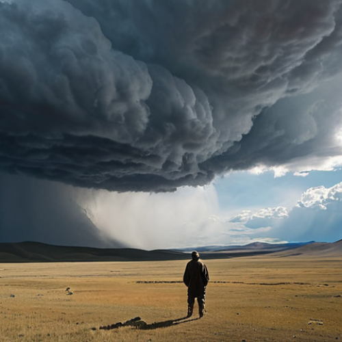 Home 7 **Prompt:** A lone adventurer stands on the vast, windswept Mongolian steppe, gazing towards a horizon where dramatic, fast-moving storm clouds gather, contrasting sharply with a patch of clear, blue sky overhead. The landscape is immense and rugged, emphasizing human vulnerability amidst nature's unpredictable power. cinematic, wide shot, high detail.