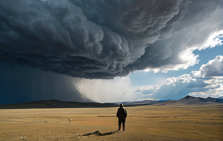 **Prompt:** A lone adventurer stands on the vast, windswept Mongolian steppe, gazing towards a horizon where dramatic, fast-moving storm clouds gather, contrasting sharply with a patch of clear, blue sky overhead. The landscape is immense and rugged, emphasizing human vulnerability amidst nature's unpredictable power. cinematic, wide shot, high detail.