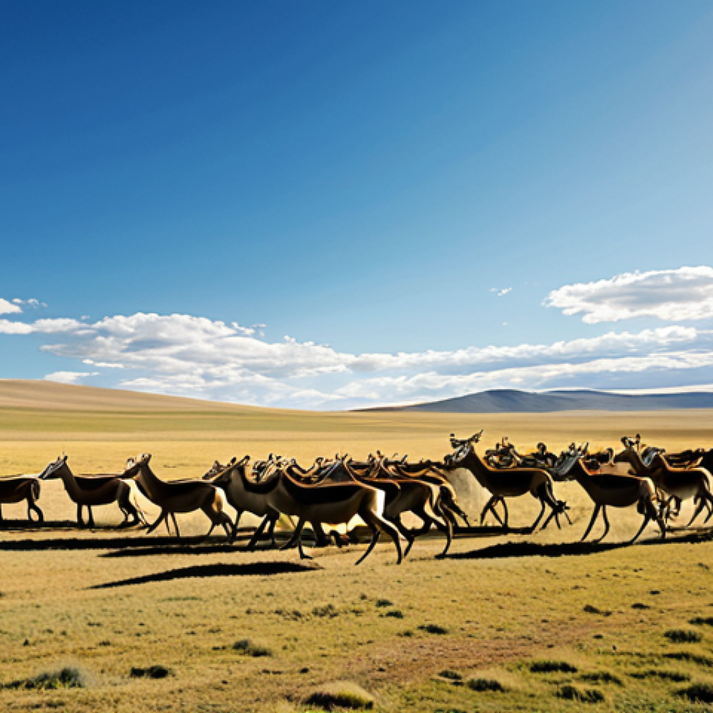 A vast herd of Mongolian gazelles, thousands strong, galloping across the expansive, golden Mongolian steppe. The endless horizon stretches under a clear, bright blue sky with wisps of white clouds. Rolling hills are visible in the distance. The animals are in mid-stride, their powerful movements captured with dynamic energy. The scene is illuminated by natural sunlight, evoking a sense of wild freedom and majesty. Professional wildlife photography, perfect anatomy, correct proportions, natural pose, ultra-realistic, high detail, sharp focus, cinematic lighting, appropriate content, safe for work, family-friendly.