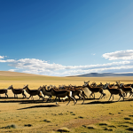 A vast herd of Mongolian gazelles, thousands strong, galloping across the expansive, golden Mongolian steppe. The endless horizon stretches under a clear, bright blue sky with wisps of white clouds. Rolling hills are visible in the distance. The animals are in mid-stride, their powerful movements captured with dynamic energy. The scene is illuminated by natural sunlight, evoking a sense of wild freedom and majesty. Professional wildlife photography, perfect anatomy, correct proportions, natural pose, ultra-realistic, high detail, sharp focus, cinematic lighting, appropriate content, safe for work, family-friendly.