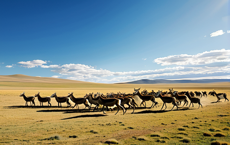 A vast herd of Mongolian gazelles, thousands strong, galloping across the expansive, golden Mongolian steppe. The endless horizon stretches under a clear, bright blue sky with wisps of white clouds. Rolling hills are visible in the distance. The animals are in mid-stride, their powerful movements captured with dynamic energy. The scene is illuminated by natural sunlight, evoking a sense of wild freedom and majesty. Professional wildlife photography, perfect anatomy, correct proportions, natural pose, ultra-realistic, high detail, sharp focus, cinematic lighting, appropriate content, safe for work, family-friendly.